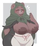  2023 anotherbearsimp anthro areola bear big_breasts blush breasts clothed clothing emanata eyes_closed female hand_behind_back hi_res inverted_nipples mama_mellow_(anotherbearsimp) mammal mature_anthro mature_female nipples simple_background solo thick_thighs wide_hips 