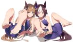  2girls absurdres animal_ears bare_arms bare_shoulders blue_eyes blue_one-piece_swimsuit blush brown_hair closed_mouth collarbone commentary_request ear_bow feet full_body grass_wonder_(umamusume) hair_ornament highres holding_own_foot horse_ears horse_girl horse_tail legs_up light_brown_hair long_hair lying multicolored_hair multiple_girls one-piece_swimsuit purple_eyes school_swimsuit shinomu_(cinomoon) short_hair sidelocks simple_background soles special_week_(umamusume) swimsuit tail toes tracen_swimsuit two-tone_hair umamusume white_background white_hair 