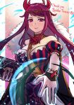  1girl bare_shoulders book breasts casting_spell cleavage dress elbow_gloves fascinator fire_emblem fire_emblem_engage flower fur_trim gloves highres holding ivy_(fire_emblem) large_breasts long_hair looking_at_viewer magic mole mole_under_mouth purple_eyes purple_hair r123 solo white_gloves 