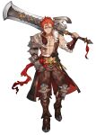  1boy atelier_(series) atelier_ryza atelier_ryza_3 brown_gloves brown_pants buckle full_body gauntlets gloves highres huge_weapon lent_marslink looking_at_viewer male_focus muscular muscular_male official_art pants red_hair second-party_source single_gauntlet single_glove smile solo sword toridamono weapon white_background yellow_eyes 