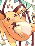  animal_focus artist_name colored_skin commentary_request dot_nose fang hanabusaoekaki highres no_humans open_mouth pawpads pokemon pokemon_(creature) raichu solid_oval_eyes streamers tail white_background yellow_skin 