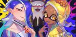  1boy 2girls :d absurdres androgynous bare_shoulders big_man_(splatoon) blonde_hair blue_hair cephalopod_eyes chest_sarashi cigma collarbone colored_eyelashes colored_tongue commentary_request dark-skinned_female dark_skin earrings fangs frye_(splatoon) hair_over_one_eye highres horizontal_pupils jewelry light_smile looking_at_viewer manta_ray medium_hair multiple_girls paint_splatter pointy_ears red_eyes sarashi shiver_(splatoon) smile splatoon_(series) splatoon_3 star-shaped_pupils star_(symbol) symbol-shaped_pupils tentacle_hair yellow_eyes 