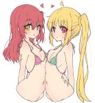  2girls :p asymmetrical_docking bikini blonde_hair blush bocchi_the_rock! breast_press breasts collarbone cropped_torso gold_bikini green_eyes hair_between_eyes heart highres ijichi_nijika kita_ikuyo long_hair looking_at_viewer mel_(melty_pot) multiple_girls navel one_side_up parted_lips red_bikini red_eyes red_hair side_ponytail simple_background small_breasts smile swimsuit tongue tongue_out upper_body white_background yellow_bikini yuri 