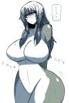  &lt;3 1_eye animal_humanoid atlus big_breasts blue_hair blush blush_lines breasts cyclops deity ellipsis facial_markings featureless_breasts female fish fish_humanoid green_body green_scales hair head_markings hi_res huge_breasts humanoid inumatori japanese_text long_hair marine marine_humanoid markings megami_tensei narrowed_eyes red_eyes scales sedna_(megami_tensei) sega simple_background solo speech_bubble text thick_thighs white_background white_body white_scales wide_hips 