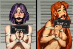  2girls ball_gag barbie_mugshot_(meme) blush breasts character_name dc_comics english_text gag gagged green_eyes hands_up heart heart-shaped_pupils holding holding_sign large_breasts long_hair looking_at_viewer meme multiple_girls nipples open_mouth orange_hair purple_eyes purple_hair raven_(dc) sane-person shiny_skin sign smile starfire sweat symbol-shaped_pupils teen_titans teeth tongue upper_body 