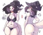  anthro big_breasts big_butt big_hat bikini black_hair blush bone breasts butt canid canine clothing disembodied_head fangs female fur hair hat headgear headwear hi_res mammal sharp_teeth simple_background skull skull_head solo swimwear teeth tianiseul white_body white_fur witch_hat 