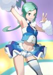  1girl absurdres aqua_hair arm_warmers armpits arms_up asymmetrical_hair bare_shoulders blue_choker blue_skirt breasts choker commentary crop_top earrings grin hair_ornament highres jewelry l:k light_blush lisia_(pokemon) long_hair looking_at_viewer midriff navel pokemon pokemon_(game) pokemon_oras shirt short_shorts shorts showgirl_skirt single_thighhigh skindentation skirt sleeveless sleeveless_shirt small_breasts smile solo standing striped striped_thighhighs teeth thighhighs v white_shirt white_shorts 