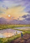  1girl 2boys building cloud cloudy_sky farm farming grass highres hoe holding holding_hoe holding_watering_can house mountain mountainous_horizon multiple_boys ooy33151086 orange_sky original power_lines reflection reflective_water rice_paddy sky sun town utility_pole water watering_can 