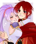  1boy 1girl ^_^ artist_name asukaaasuu azelle_(fire_emblem) blush cape closed_eyes coat dress fire_emblem fire_emblem:_genealogy_of_the_holy_war hairband hetero highres hug long_hair open_mouth ponytail purple_hair red_cape red_coat red_hair red_hairband smile surprised tailtiu_(fire_emblem) very_long_hair white_dress 