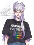  1girl black_shirt cosplay cross cross_necklace descendeus1 evelynn_(league_of_legends) evelynn_(league_of_legends)_(cosplay) jewelry k/da_(league_of_legends) k/da_evelynn league_of_legends light_purple_hair long_hair looking_at_viewer meme multicolored_eyeshadow necklace parted_lips pri-demon-th_(meme) red_lips shirt short_sleeves t-shirt tinted_eyewear yellow_eyes 