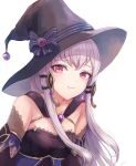  1girl alternate_costume black_headwear bow breasts commentary dress fire_emblem fire_emblem:_three_houses grey_hair hair_ornament halloween halloween_costume hat hat_bow highres leonmandala long_hair looking_at_viewer lysithea_von_ordelia pink_eyes pout sidelocks signature simple_background small_breasts solo tears upper_body white_background witch witch_hat 