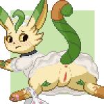  1:1 2023 anus blush border butt checkered_style_leafeon clothed clothed_feral clothing clothing_around_one_leg collar digital_media_(artwork) dress eeveelution fan_character female feral flower_panties fur generation_4_pokemon genitals headgear headwear leafeon leg_markings lying mammal markings nintendo on_front panties panties_around_one_leg panties_down partially_clothed pawpads paws pixel_(artwork) pokemon pokemon_(species) pokemon_unite pussy raised_tail simple_background socks_(marking) solo sploot tail tan_body tan_fur underwear underwear_around_one_leg underwear_down white_border white_clothing white_panties white_underwear worried yellow_sclera zabozamojo 