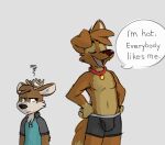 angry annoyed anthro antlers arrogant black_boxer_briefs black_clothing black_nose black_polo_shirt black_shirt black_topwear black_underwear blue_clothing blue_polo_shirt blue_shirt blue_topwear boxer_briefs boxer_briefs_only brown_body brown_fur bulge canid canine canis clothed clothing collar darwin_(tinydeerguy) deer dialog_box dialogue domestic_dog duo english_text eyes_closed fur grey_background hands_on_hips hi_res horn male mammal matt_riskely open_mouth polo_shirt shirt simple_background tan_body tan_fur teeth_showing text tinydeerguy tongue_showing topless topwear underwear underwear_only 