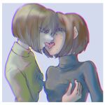  2girls aged_up alternate_costume arms_at_sides black_sweater blunt_ends bob_cut border breasts brown_hair chara_(undertale) chromatic_aberration commentary covered_nipples eye_contact face-to-face french_kiss frisk_(undertale) grabbing grabbing_another&#039;s_breast green_sweater guided_breast_grab guiding_hand hair_over_one_eye hand_on_another&#039;s_chest highres ikigai_(user_cdkm5358) kiss looking_at_another multiple_girls narrowed_eyes open_mouth pale_skin perky_breasts red_eyes short_hair simple_background small_breasts sweat sweater teeth tongue tongue_out turtleneck turtleneck_sweater undertale upper_body upper_teeth_only white_background white_border yellow_eyes yuri 