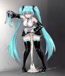  absurdres after_sex aqua_eyes aqua_hair boots breasts cleavage clothing_aside collared_shirt cum cum_in_pussy cum_overflow cumdrip detached_sleeves excessive_cum full_body grin hair_between_eyes hand_on_own_stomach hatsune_miku high_heel_boots high_heels highres holding_necktie hopping_cop long_hair necktie panties panties_aside partially_unbuttoned pleated_skirt pussy shirt skindentation skirt sleeveless sleeveless_shirt smile striped striped_panties sweatdrop thigh_boots twintails twitching underwear unworn_necktie very_long_hair vocaloid 