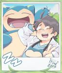  1boy ^_^ arms_behind_head closed_eyes facial_hair glasses grey_hair hand_up highres impetuss labcoat laughing male_focus merchandise neroli_(pokemon) pokemon_(creature) pokemon_sleep round_eyewear short_hair shy sleep_mask snorlax stubble tusks upper_body v zzz 