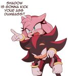  2023 amy_rose angry clothing eulipotyphlan fangs gesture gloves handwear hedgehog hi_res mammal pointing sega shadow_the_hedgehog simple_background sonic_the_hedgehog_(series) teeth text toonsite white_background 