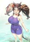 1girl animal_ears breasts brown_hair competition_school_swimsuit highres horse_ears horse_girl large_breasts looking_at_viewer marvelous_sunday_(umamusume) one-piece_swimsuit open_mouth school_swimsuit solo sparkling_eyes swimsuit tracen_swimsuit twintails umamusume yellow_eyes yuugatou_(yuuzutu) 