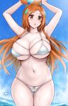  1girl arms_up ass_visible_through_thighs ball beachball bikini bleach bleach:_the_thousand-year_blood_war blue_sky breasts brown_eyes brown_hair collarbone commentary_request hair_ornament hairpin highres holding holding_ball holding_beachball huge_breasts inoue_orihime looking_at_viewer multi-strapped_bikini_top navel ocean official_alternate_costume open_mouth parted_bangs partially_submerged r-binon silver_bikini sky solo string_bikini swimsuit thigh_gap wading wet 