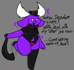  2022 anthro black_clothing clothed clothing deer demon destroy_dick_december digital_drawing_(artwork) digital_media_(artwork) english_text fur hooves horn low_res male mammal new_world_deer nonbinary_bunny partially_clothed purple_body purple_ears purple_fur red_clothing reindeer solo stultus_(character) text topwear white_horn 