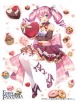  1girl ;d back_bow blue_eyes bow box breasts brown_skirt brown_sleeves candy cleavage commentary_request cookie cupcake detached_collar detached_sleeves doughnut drill_hair eden_fantasia food hair_bow haruyuki_14 heart-shaped_box highres huge_bow long_hair lydia_(eden_fantasia) midriff muffin official_art one_eye_closed open_mouth pink_bow pink_hair purple_footwear skirt smile solo thighhighs twin_drills valentine white_thighhighs 