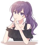  1girl asahina_mafuyu black_shirt commentary_request hands_up long_hair looking_at_viewer parted_lips ponytail project_sekai purple_eyes purple_hair shirt sidelocks solo suiu upper_body white_background 