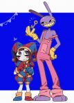  1boy 1girl absurdres animal_ears barefoot black_eyes blue_eyes brown_hair colored_sclera commentary gloves hat height_difference heterochromia highres jax_(the_amazing_digital_circus) jester jester_cap kageimo key overalls pale_skin pomni_(the_amazing_digital_circus) rabbit rabbit_ears red_eyes short_hair symbol-only_commentary the_amazing_digital_circus yellow_sclera 