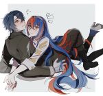  1boy 1girl alcryst_(fire_emblem) alear_(female)_(fire_emblem) alear_(fire_emblem) blue_eyes blue_hair blush closed_mouth crossed_bangs fire_emblem fire_emblem_engage gloves hair_between_eyes hair_ornament hairclip heterochromia high_heels highres long_hair long_sleeves looking_at_another multicolored_hair oratoza red_eyes red_hair shoes short_hair tiara white_background white_gloves 