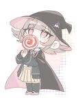  1girl beri_ame black_cape black_headwear black_shirt black_thighhighs candy cape character_name commentary_request danganronpa_(series) danganronpa_2:_goodbye_despair flipped_hair food galaga hat hat_ornament holding holding_candy holding_food holding_lollipop lollipop looking_up medium_hair miniskirt nanami_chiaki neck_ribbon pink_eyes pink_footwear pink_ribbon pleated_skirt ribbon shirt skirt solo thighhighs two-tone_shirt white_background white_shirt witch_hat 