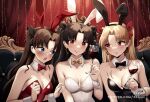  3girls :p alcohol animal_ears bare_shoulders black_bow black_bowtie black_hair black_hairband black_leotard black_ribbon blonde_hair blue_eyes blush bow bowtie breasts brown_hair cleavage collar collarbone couch cup curtains detached_collar detached_sleeves drink drinking_glass earrings ereshkigal_(fate) eyelashes fake_animal_ears fate/grand_order fate/stay_night fate_(series) gold gold_earrings hair_intakes hair_ornament hair_ribbon hairband holding hoop_earrings indoors ishtar_(fate) jewelry leotard light long_hair looking_at_another medium_breasts multiple_girls off_shoulder on_couch open_mouth parted_bangs playboy_bunny rabbit_ears red_bow red_bowtie red_curtains red_eyes red_hairband red_leotard red_pupils red_ribbon red_wine ribbon shiny_clothes shiny_skin siblings sisters sitting sparkle straight_hair tohsaka_rin tongue tongue_out traditional_bowtie twintails twitter_username white_hairband white_leotard wine wine_glass wing_collar wrist_cuffs xkzan yellow_bow yellow_bowtie 