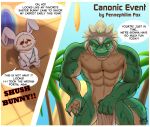  abs armor artist_logo bunny_costume claws clothing comic costume crocodilian dialogue duo english_text fennephilim_fox fur green_body green_scales headgear helmet hi_res larger_male league_of_legends logo male male_anthro muscular outside palm_tree plant renekton reptile riot_games scales scalie short short_anthro short_male size_difference sky smaller_male speech_bubble tan_body tan_fur tan_scales teemo_(lol) teeth_showing text towel tree wet wet_body yellow_eyes yordle young 