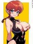 1girl absurdres blue_eyes blush border braid braided_ponytail breasts cleavage cleavage_cutout clothing_cutout dated donguri2 genderswap genderswap_(mtf) grabbing_own_breast highres korean_commentary looking_at_viewer nipples one_breast_out parted_lips ponytail ranma-chan ranma_1/2 red_hair saotome_ranma short_ponytail simple_background smile solo white_border yellow_background 