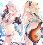  2girls aqua_eyes bare_shoulders black_gloves bow bow_panties bra braid breasts chestnut_mouth cleavage closed_mouth cropped earrings gloves green_bra hair_bow holding holding_guitar holding_instrument holding_microphone_stand index_finger_raised instrument jewelry large_breasts long_hair looking_at_viewer lyseria_christaria microphone_stand multiple_girls official_art one_eye_closed open_mouth panties pointing pointing_at_viewer red_bow regina_mercedes seiken_gakuin_no_maken_tsukai stomach thigh_strap toosaka_asagi underwear white_bra white_hair white_panties 