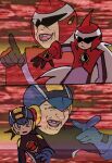  2boys commentary english_commentary green_eyes grey_hair helmet koafreedraw laughing long_hair male_focus mega_man_(series) mega_man_battle_network_(series) megaman.exe multiple_boys open_mouth pointing protoman.exe sketch sweatdrop teeth upper_body 