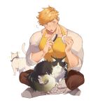  1boy :o animal apron blonde_hair blush boots brown_pants cat comb ewiyar_(granblue_fantasy) granblue_fantasy green_eyes higashigunkan holding holding_comb indian_style large_pectorals male_focus muscular muscular_male open_mouth pants pectorals shirt sitting sleeves_rolled_up solo vane_(granblue_fantasy) white_shirt yellow_apron 