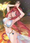  1girl armlet armpits ass blue_nails breasts closed_mouth dancer genshin_impact gold_bracelet green_eyes harem_outfit highres jewelry long_hair low_twintails matrix16 navel neck_ring nilou_(genshin_impact) red_hair sideboob smile solo stomach thighs twintails very_long_hair 