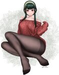  1girl absurdres black_hair brown_pantyhose closed_mouth dismaiden earrings full_body grey_hairband hairband highres invisible_floor jewelry looking_at_viewer on_ground pantyhose red_eyes red_sweater smile solo spy_x_family sweater yor_briar 