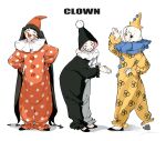  3girls absurdly_long_hair black_eyes black_hair clapping closed_eyes clown clown_nose facing_viewer flats frilled_sleeves frills full_body hair_between_eyes hand_on_own_hip hands_on_own_hips hat head_tilt highres jester_cap kimura_731 leaning_forward long_hair long_sleeves looking_back multiple_girls neck_ruff onesie original pink_hair pom_pom_(clothes) puckered_lips puffy_long_sleeves puffy_sleeves shadow short_bangs short_hair sideways_glance simple_background smile standing twintails very_long_hair white_hair 