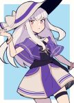  1girl bangle bare_shoulders bow bracelet do_m_kaeru dress fire_emblem fire_emblem:_three_houses flat_chest hat hat_bow holding holding_clothes holding_hat jewelry long_hair looking_at_viewer lysithea_von_ordelia purple_eyes solo sun_hat thighhighs white_dress white_hair white_headwear white_thighhighs zettai_ryouiki 