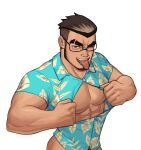  1boy abs absurdres bara black_hair blue_shirt eyebrow_cut facial_hair hawaiian_shirt highres large_pectorals male_focus muscular muscular_male one_eye_closed open_clothes open_shirt original pectorals shirt short_hair simple_background smile solo thick_eyebrows tongue tongue_out upper_body white_background whyhelbram 
