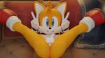  3d_(artwork) anthro anus balls blender_(software) canid canine clothing digital_media_(artwork) fox genitals gesture handwear hi_res looking_at_viewer male mammal miles_prower penis sega smile solo sonic_the_hedgehog_(series) spread_legs spreading twintails3d v_sign 