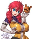  1girl amania_orz belt blue_eyes bodysuit breasts cleavage dated drill_hair feldt_grace gloves gundam gundam_00 halloween haro impossible_clothes jack-o&#039;-lantern large_breasts looking_at_viewer pink_hair pumpkin shiny_clothes short_hair simple_background sleeves_past_elbows smile solo twintails twitter_username upper_body white_background yellow_bodysuit 