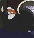  absurd_res anthro bent_over big_breasts big_butt breasts butt calico_cat domestic_cat epic_games felid feline felis female fortnite hi_res huge_breasts huge_butt huge_thighs kneeling looking_at_viewer mammal meow_skulls_(fortnite) multicolored_body nun nun_outfit solo thick_thighs yellow_eyes zudofu 