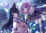  2girls absurdres animal_ear_fluff animal_ears atelier_(series) atelier_resleriana atelier_sophie bare_shoulders black_hair blunt_bangs bow cat_ears cat_girl cornelia_(atelier) dalachi_(headdress) detached_sleeves dress frilled_dress frills grey_eyes hair_ornament hat highres izana_kokoschka japanese_clothes jewelry kimono lily_pad long_hair looking_at_viewer multiple_girls necklace night open_mouth outdoors parted_lips pearl_necklace pink_dress pond promotional_art purple_eyes purple_hair sash shirase_(shirose) short_hair short_kimono sleeves_past_wrists smile swept_bangs yellow_bow yellow_sash 