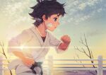  1girl androgynous belt black_belt black_hair blue_eyes blue_sky ensemble_girls! facing_to_the_side fence hisayoshi_(hisa) japanese_clothes multicolored_sky ocean robe running short_hair sky solo tree white_robe yakabe_hikaru yellow_sky 