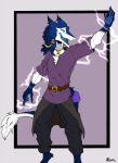  2021 anthro belt bottomwear claws clothed clothing fangs fur head_turned hi_res jewelry light lighting lightning_bolt looking_away male marcushunter necklace open_mouth pants raised_arm seiji_(seiji_the_sergal) sergal shirt signature solo standing tail tail_tuft teeth tongue topwear tuft 
