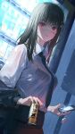  1girl black_bra black_hair black_necktie blush bra bra_visible_through_clothes can canned_coffee cellphone cellphone_picture chainsaw_man closed_mouth coffee collared_shirt commentary drink english_commentary georgia_max_coffee ggoc_ill highres holding holding_can holding_phone jacket looking_at_viewer multiple_scars necktie phone rain red_eyes scar scar_on_face see-through see-through_shirt shirt smartphone solo underwear vending_machine wet wet_clothes wet_shirt white_shirt yoru_(chainsaw_man) 