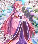  1girl blue_flower blurry blurry_background blush branch butterfly_hair_ornament character_request closed_mouth commentary_request day depth_of_field flower green_eyes hair_ornament highres hydrangea japanese_clothes kimono long_hair long_sleeves looking_at_viewer maplestory obi open_clothes outdoors pink_flower pink_hair purple_kimono sakurano_ru sash sleeves_past_wrists smile solo sunlight very_long_hair water white_flower wide_sleeves 