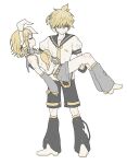  0211nami 1boy 1girl ascot black_shorts black_sleeves blonde_hair blue_eyes brother_and_sister collared_shirt detached_leggings detached_sleeves full_body headset kagamine_len kagamine_rin necktie sailor_collar shirt shoes shorts siblings simple_background sleeveless vocaloid white_background white_footwear white_shirt yellow_ascot yellow_necktie 