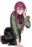  1girl black_pants black_shirt blue_eyes closed_mouth earrings ensemble_girls! genderswap genderswap_(mtf) green_jacket hand_in_own_hair highres jacket jeokgwang jewelry long_hair long_sleeves pants red_hair saegusa_ibara shirt sitting smile turtleneck 